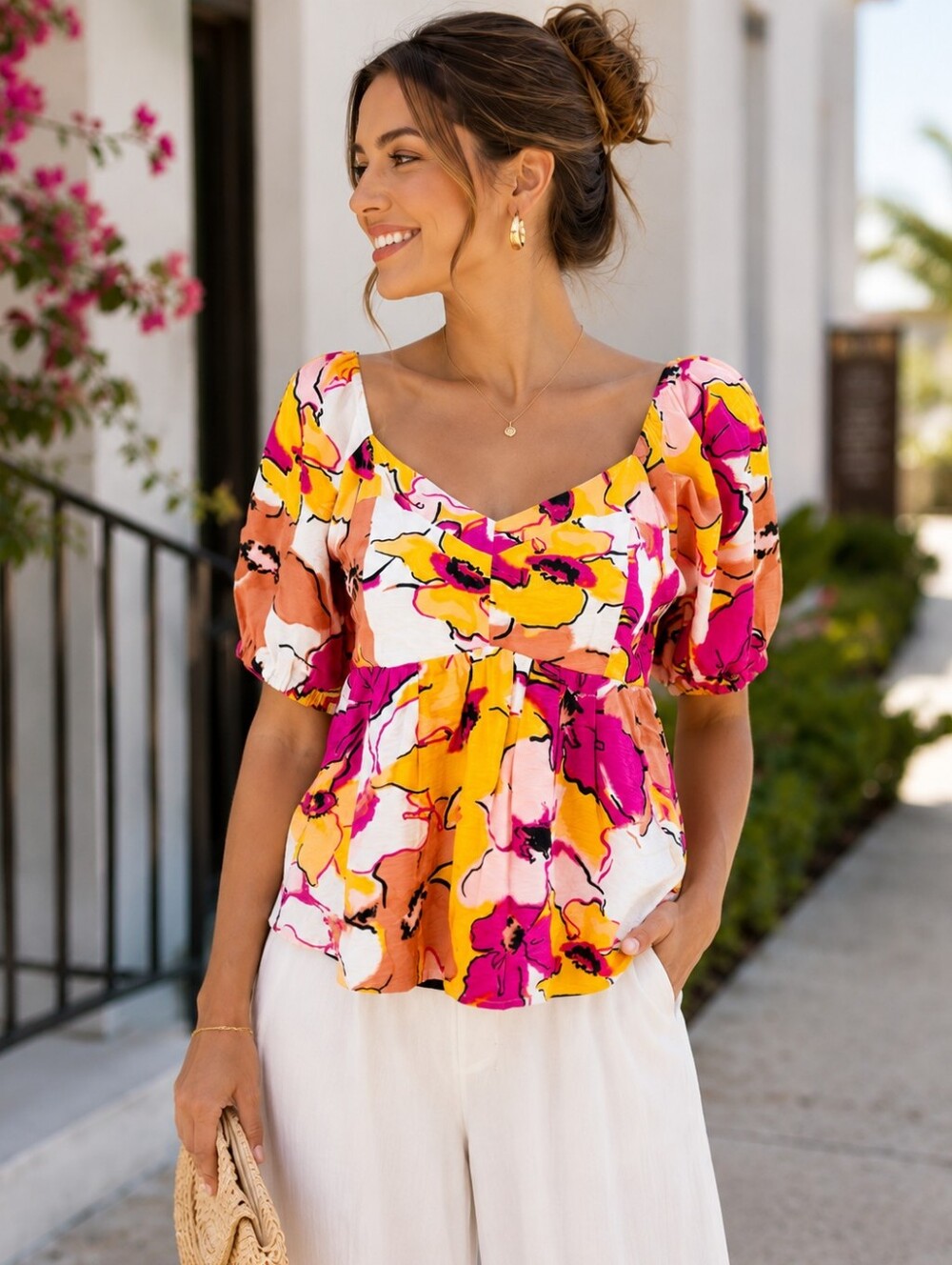 Nine West Floral Smocked Peplum Top Size M